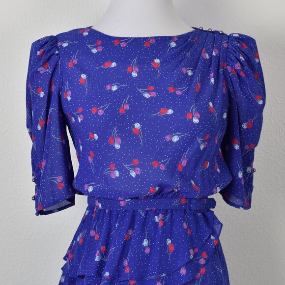 80's Vintage Floral Belted Peplum Formal Dress - 4 - Picture 3 of 13